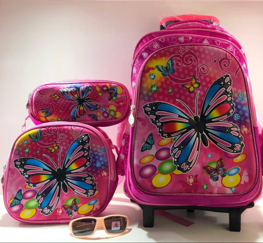 SB004 - 3 pcs 3D set butterflies design: 42 cm school bag with or without wheels + lunch bag + pencil case