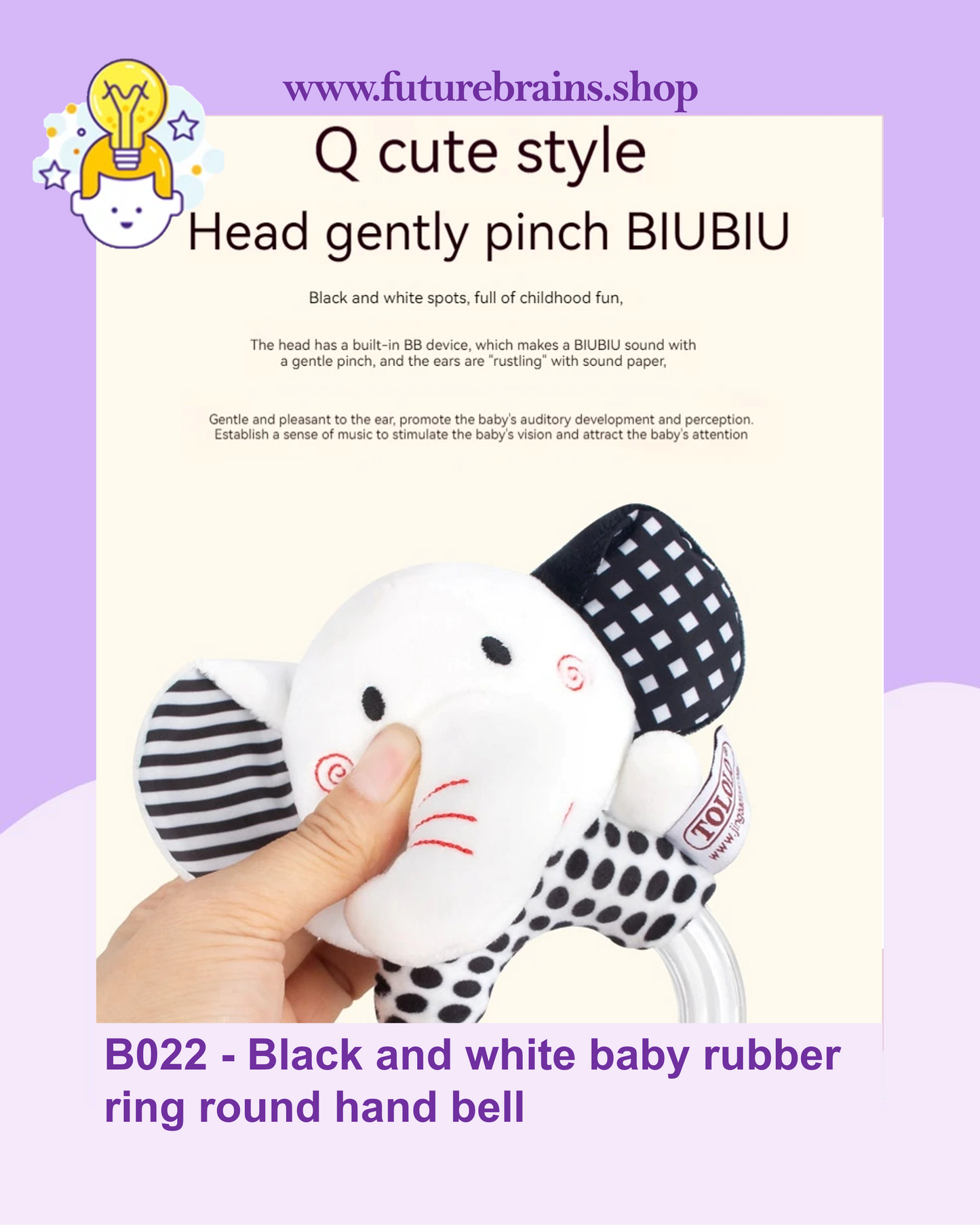 B022 - Black and white baby rubber ring round hand bell