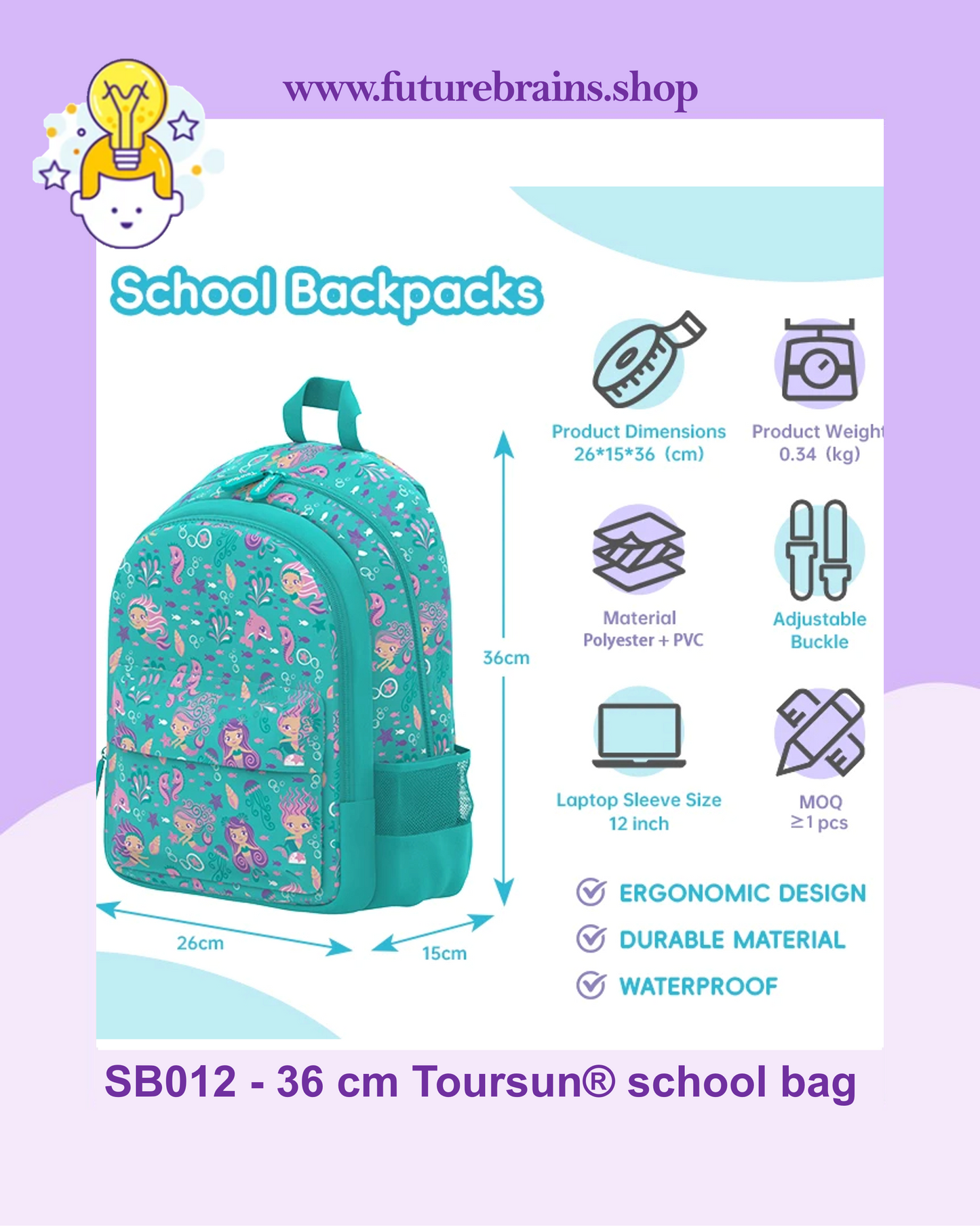 SB012 - 36 cm Toursun® school bag mermaids design
