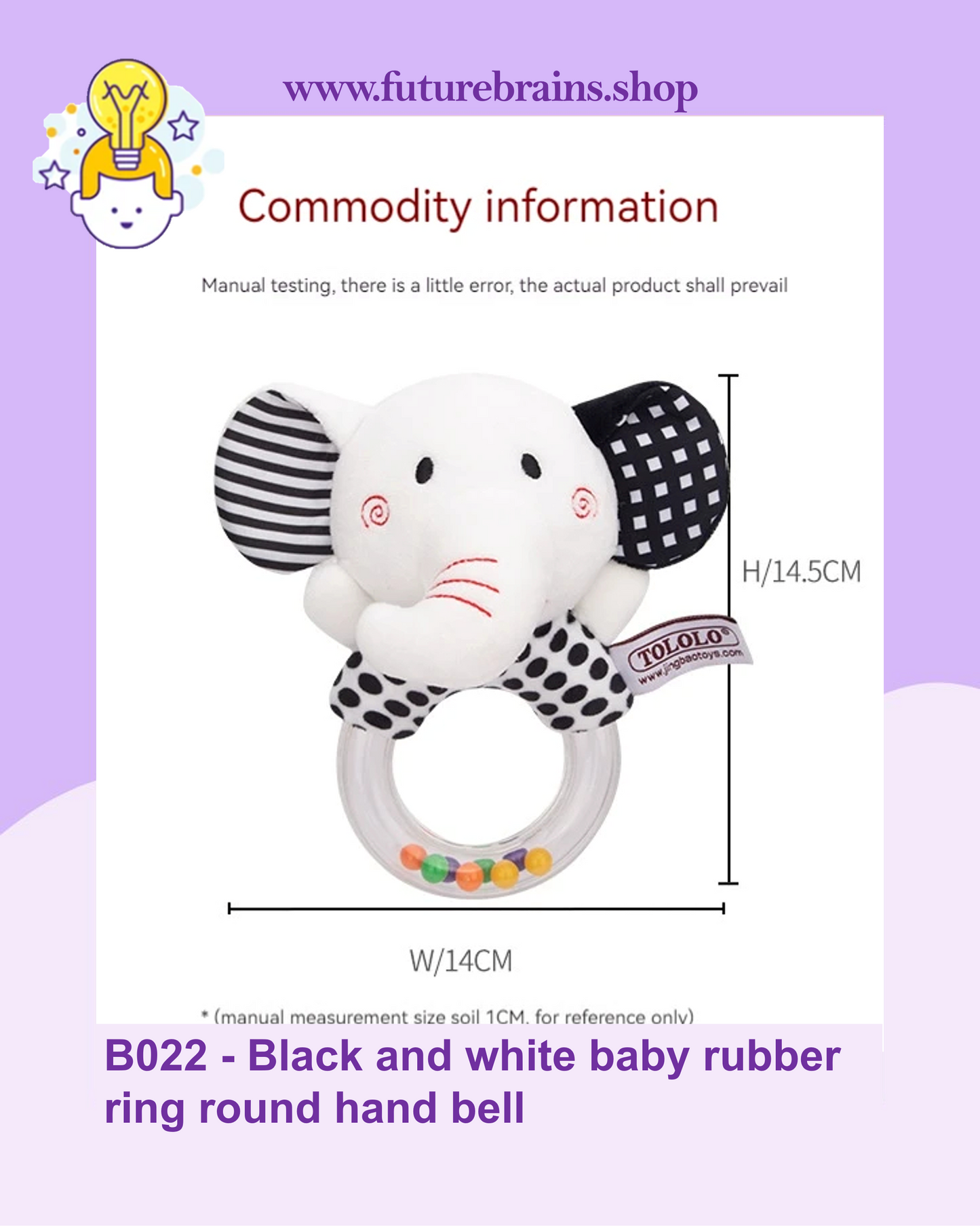 B022 - Black and white baby rubber ring round hand bell