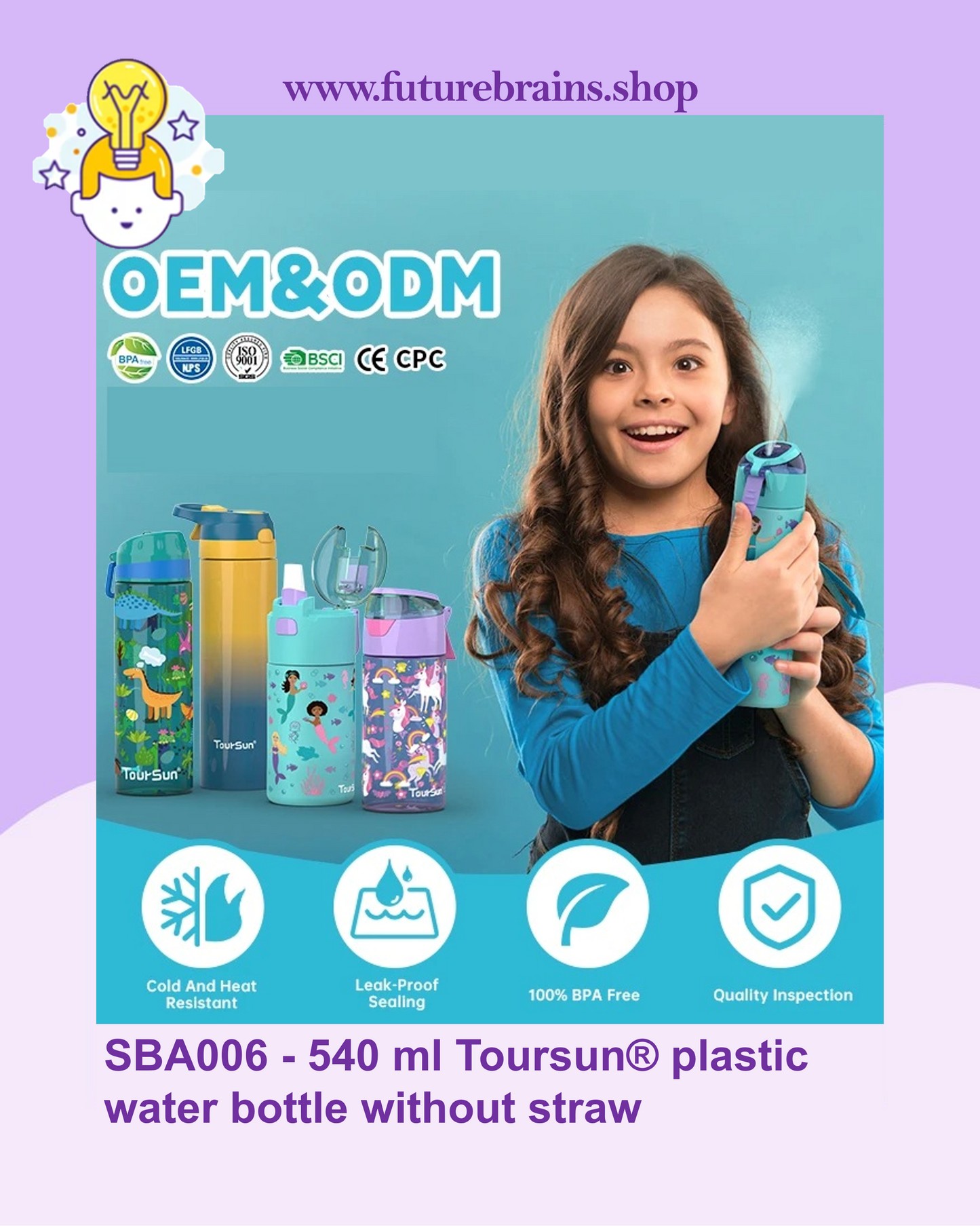 SBA006 - 540 ml Toursun® plastic water bottle without straw