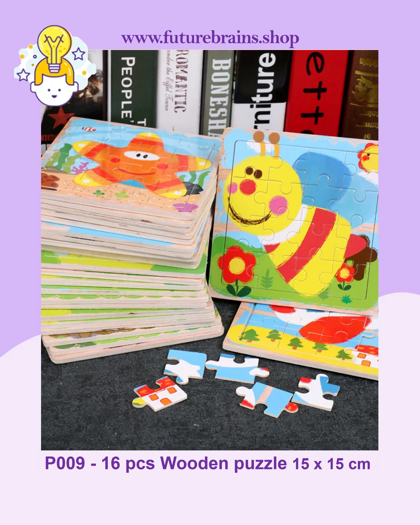 P009 - 16 pcs Wooden puzzle 15 x 15 cm (3 puzzles for 2 $)
