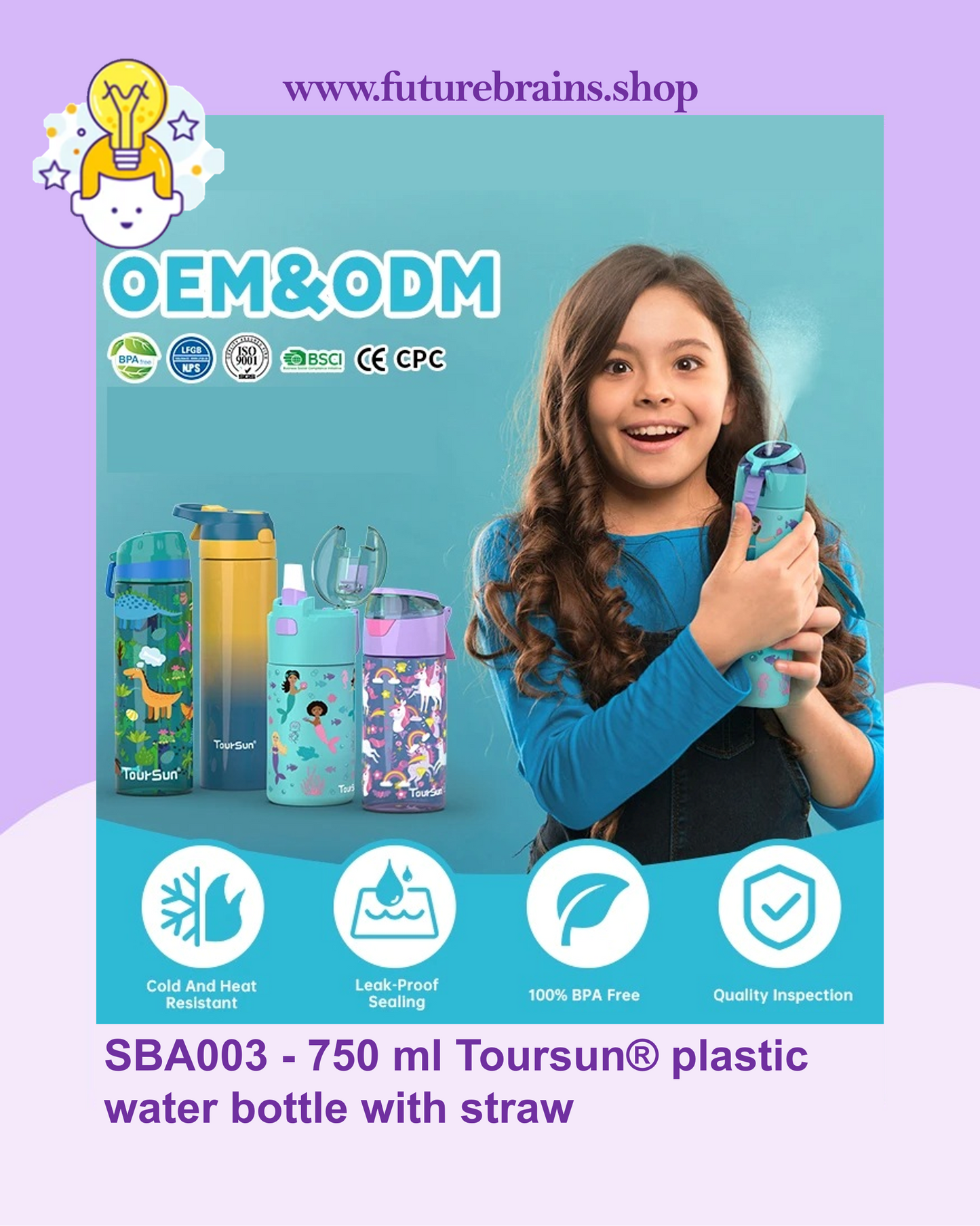 SBA003 - 750 ml Toursun® plastic water bottle with straw