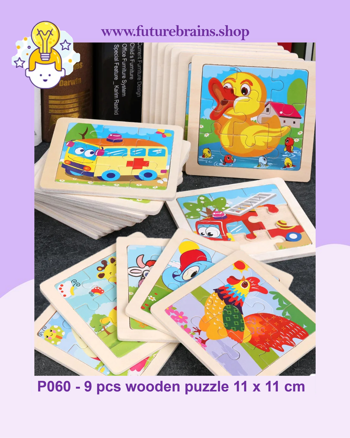 P060 - 9 pcs wooden puzzle 11 x 11 cm