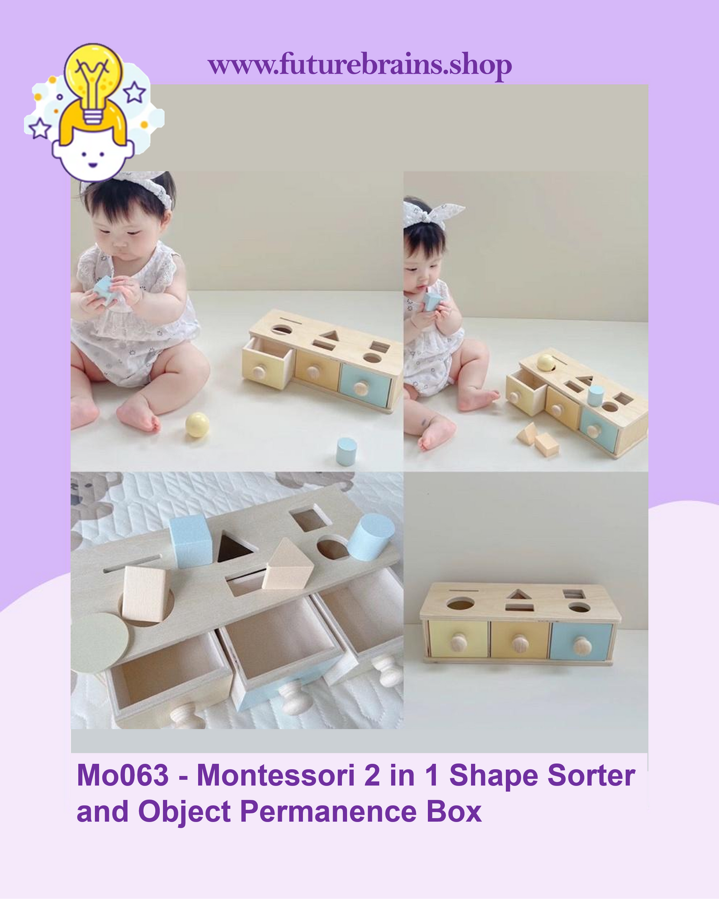 Mo063 - Montessori 2 in 1 Shape Sorter and Object Permanence Box