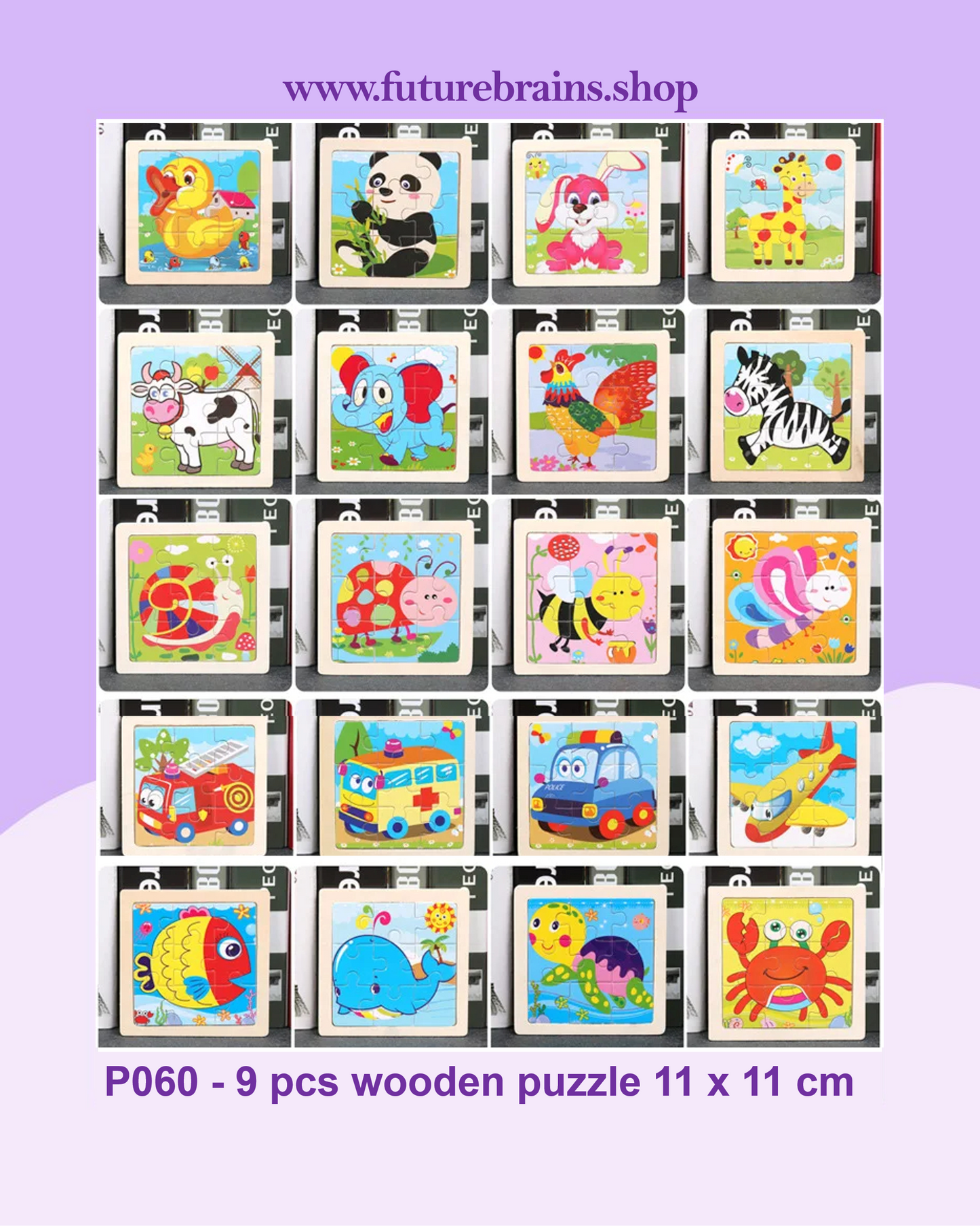 P060 - 9 pcs wooden puzzle 11 x 11 cm