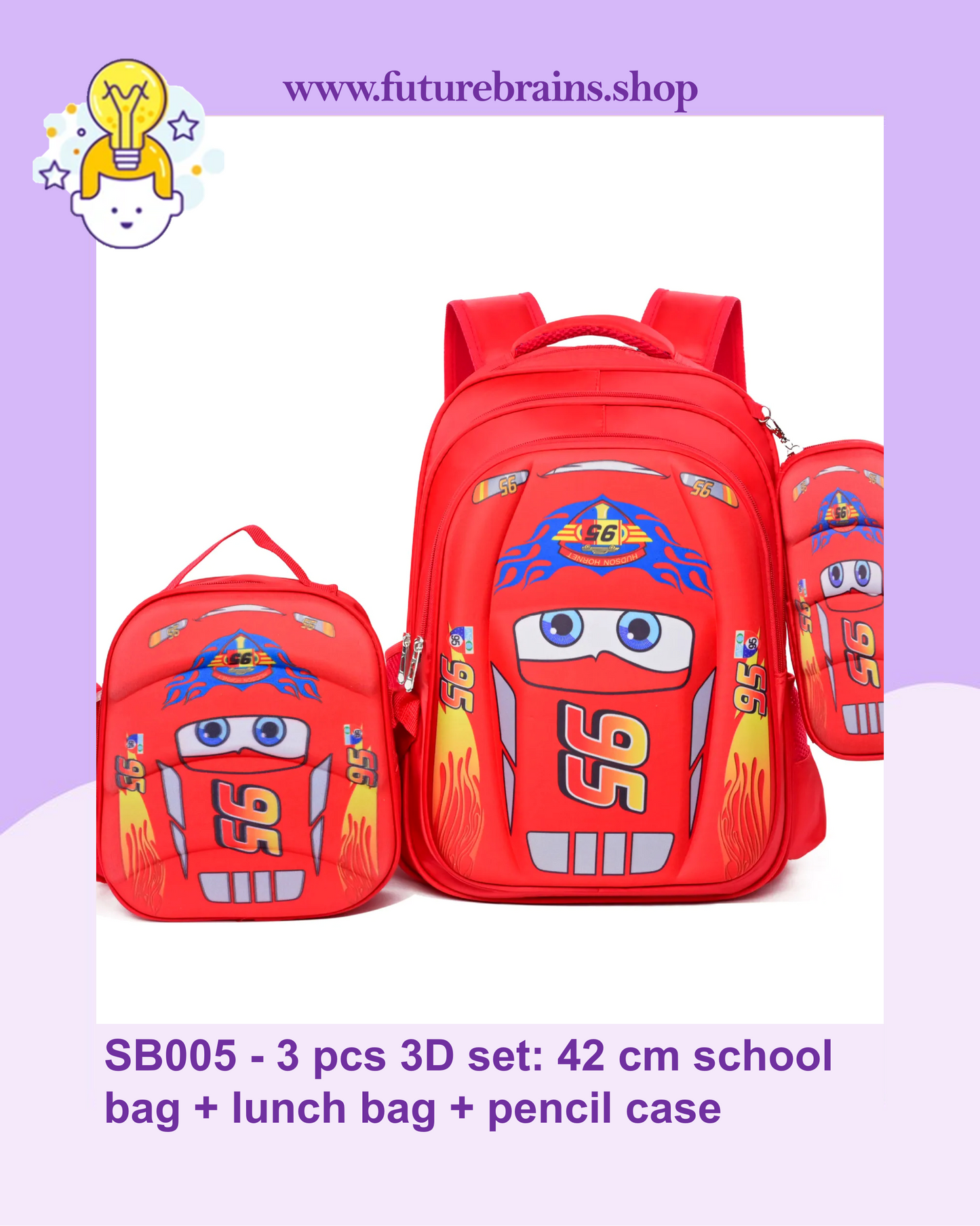 SB005 - 3 pcs 3D set McQueen design: 42 cm school bag + lunch bag + pencil case