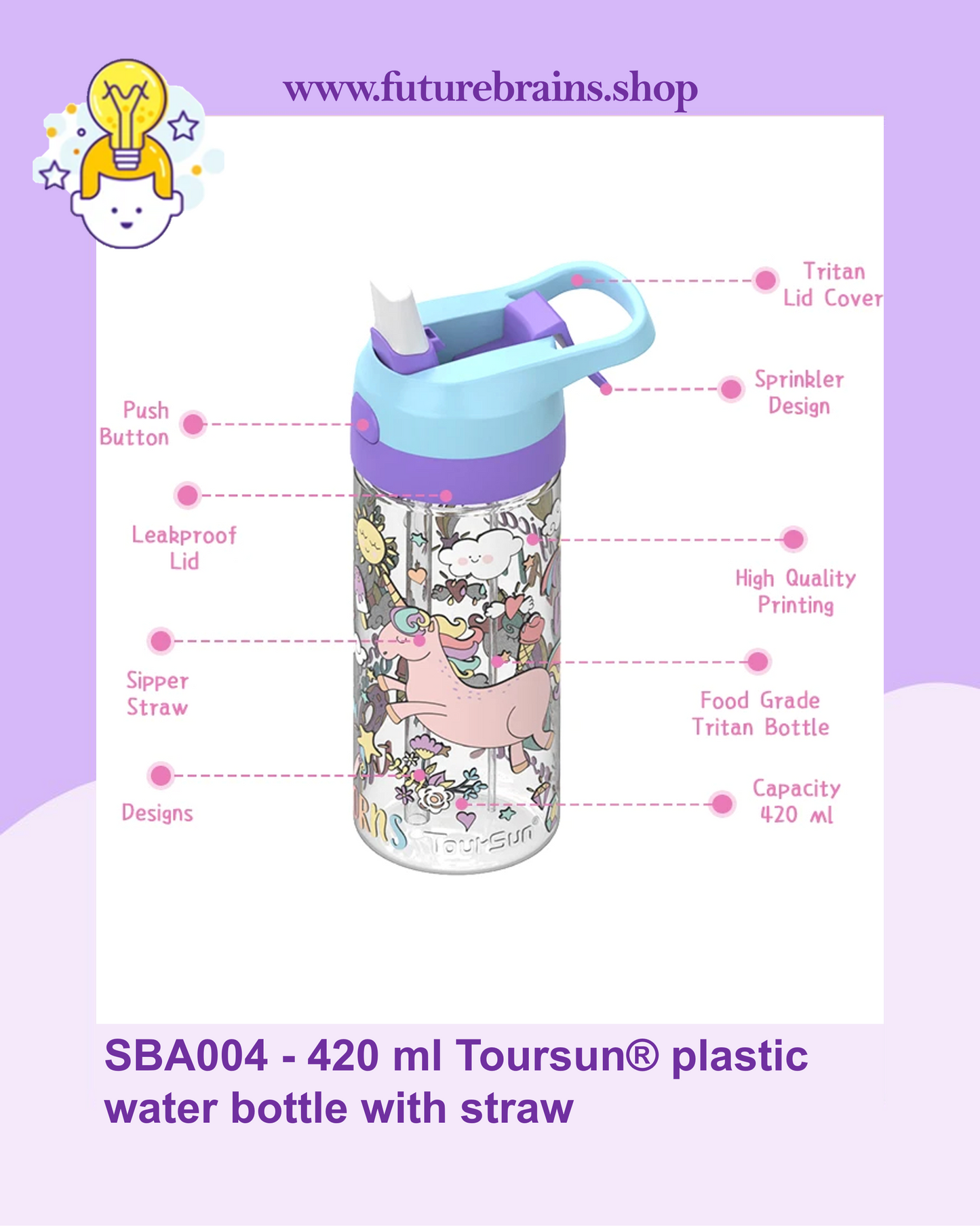 SBA004 - 420 ml Toursun® plastic water bottle with straw