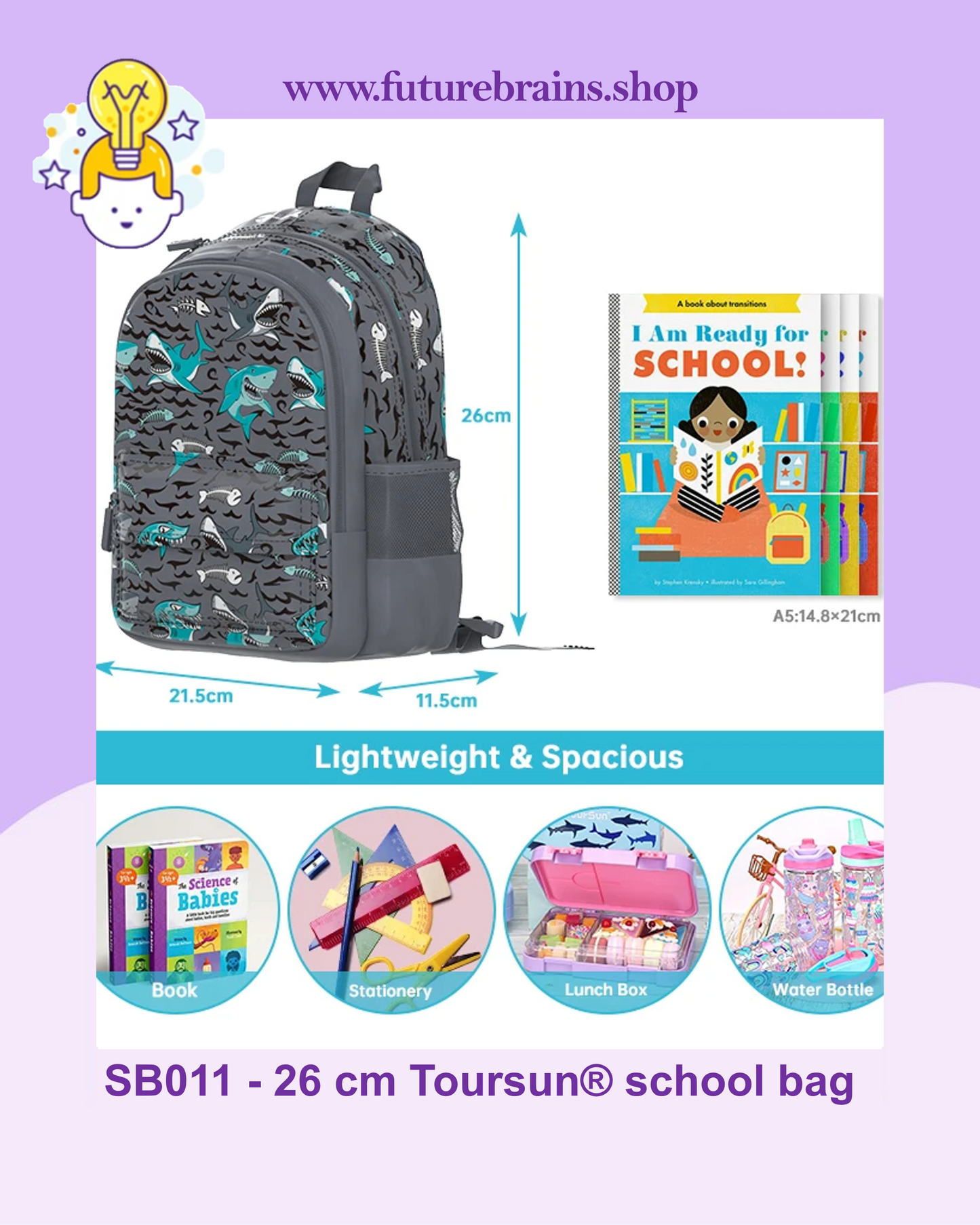 SB011 - 26 cm Toursun® school bag sharks design
