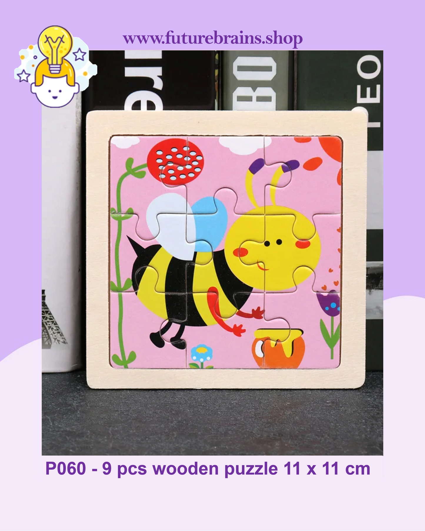 P060 - 9 pcs wooden puzzle 11 x 11 cm