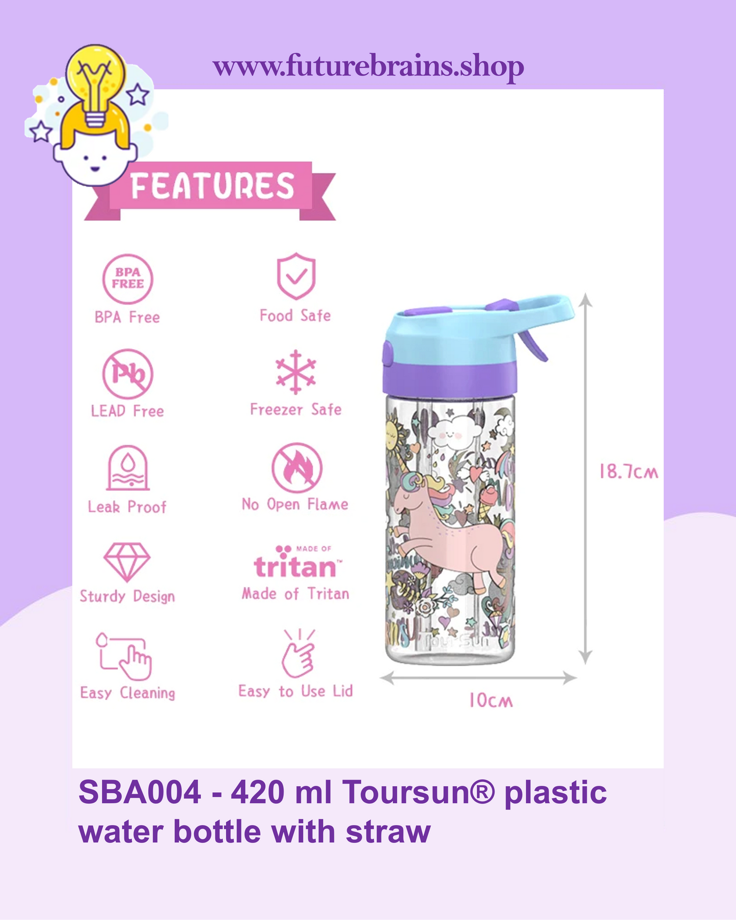 SBA004 - 420 ml Toursun® plastic water bottle with straw