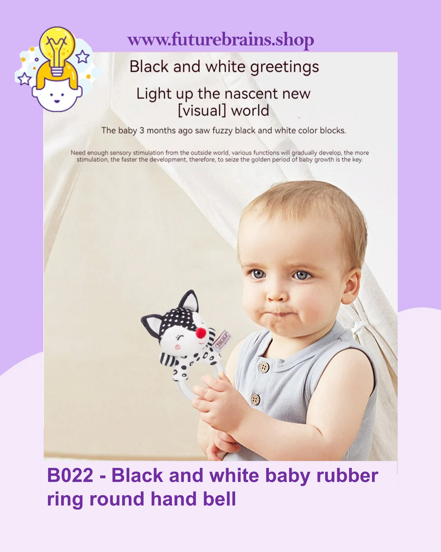 B022 - Black and white baby rubber ring round hand bell
