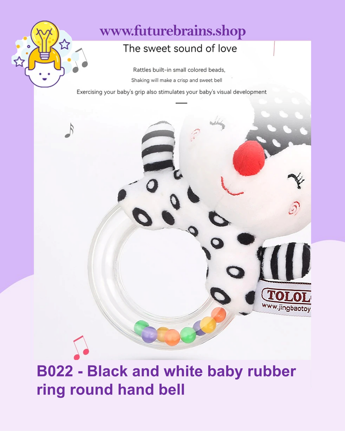 B022 - Black and white baby rubber ring round hand bell