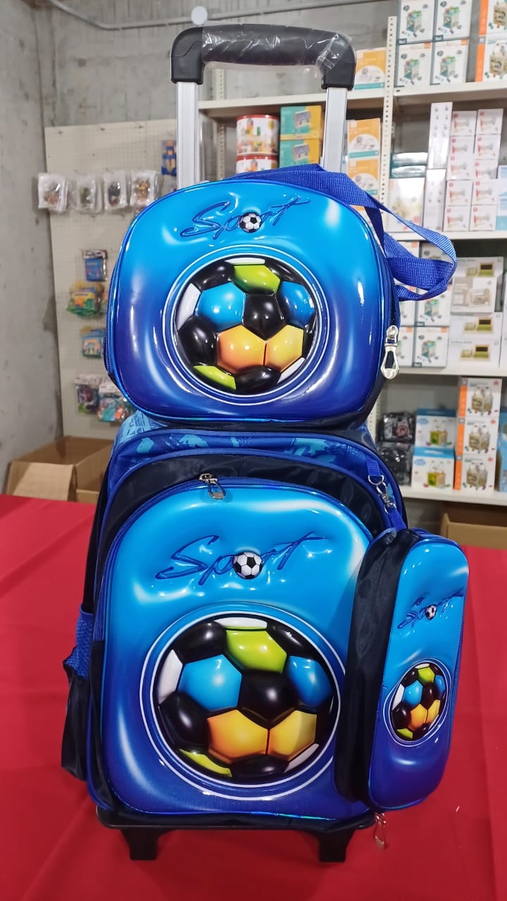SB006 - 3 pcs 3D set with or without wheels football design: 42 cm school bag + lunch bag + pencil case