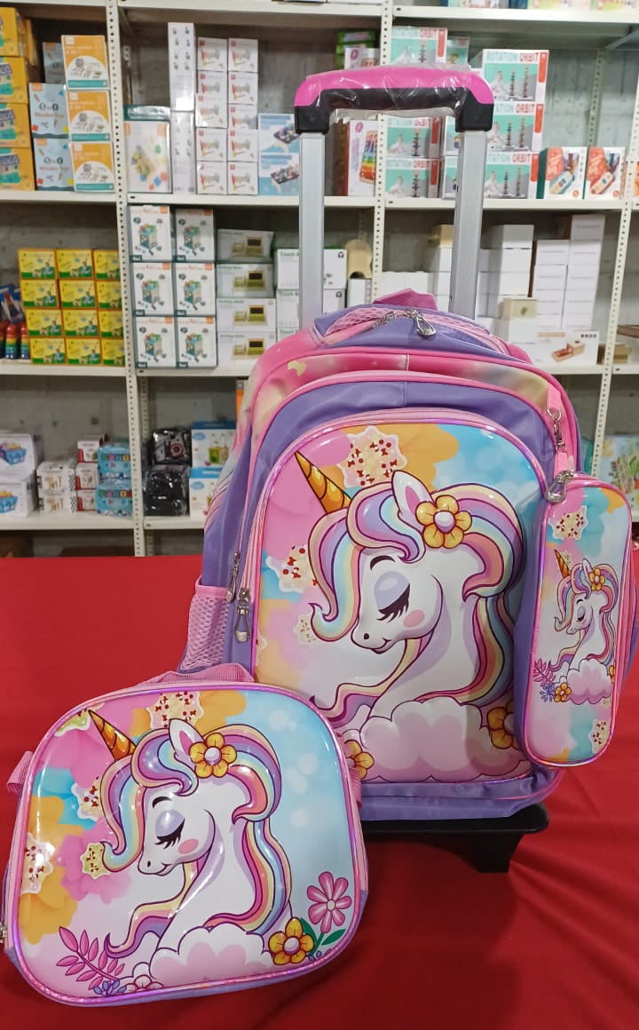 SB006 - 3 pcs 3D set with or without wheels purple unicorn design: 42 cm school bag + lunch bag + pencil case