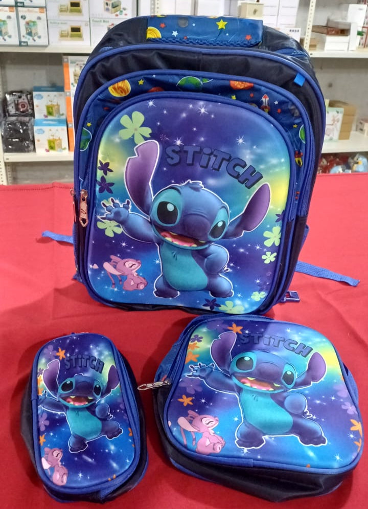 SB004 - 3 pcs 3D set Stitch design: 42 cm school bag with or without wheels + lunch bag + pencil case