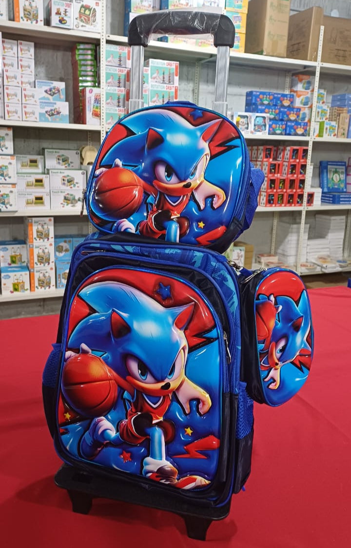 SB006 - 3 pcs 3D set with or without wheels sonic design: 42 cm school bag + lunch bag + pencil case