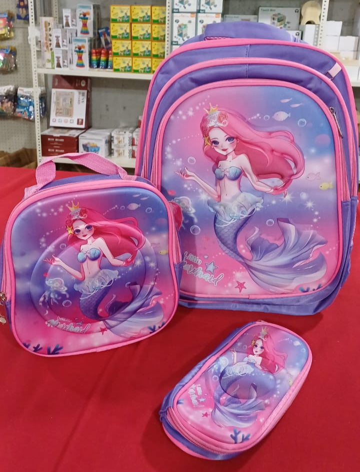 Mermaid-themed backpack, lunch bag, and pencil case set