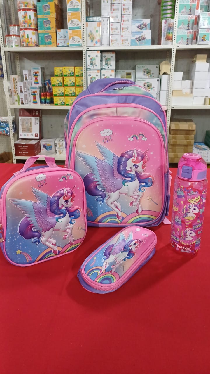 SB005 - 3 pcs 3D set unicorn design: 42 cm school bag + lunch bag + pencil case