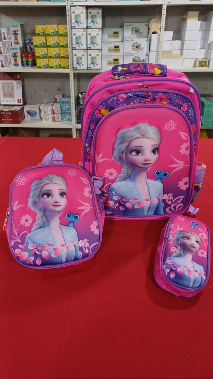 SB004 - 3 pcs 3D set Elsa design: 42 cm school bag with or without wheels + lunch bag + pencil case