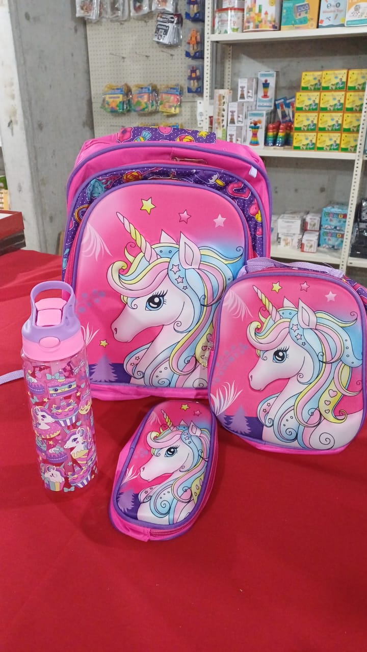 SB004 - 3 pcs 3D set unicorn design: 42 cm school bag with or without wheels + lunch bag + pencil case