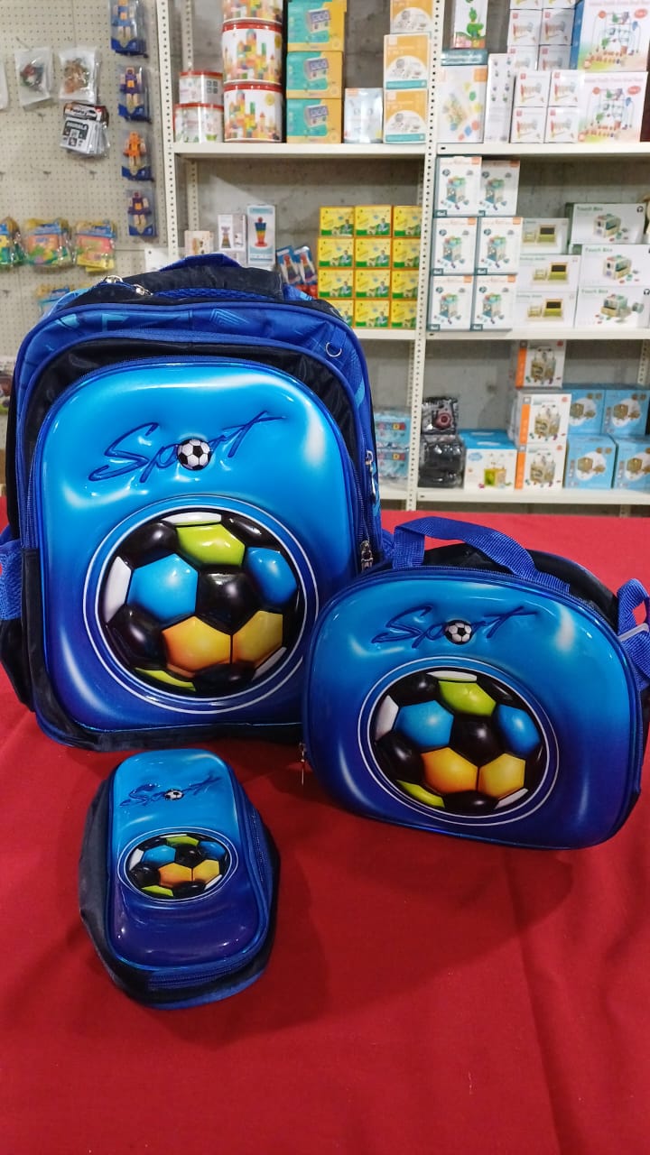 SB006 - 3 pcs 3D set with or without wheels football design: 42 cm school bag + lunch bag + pencil case