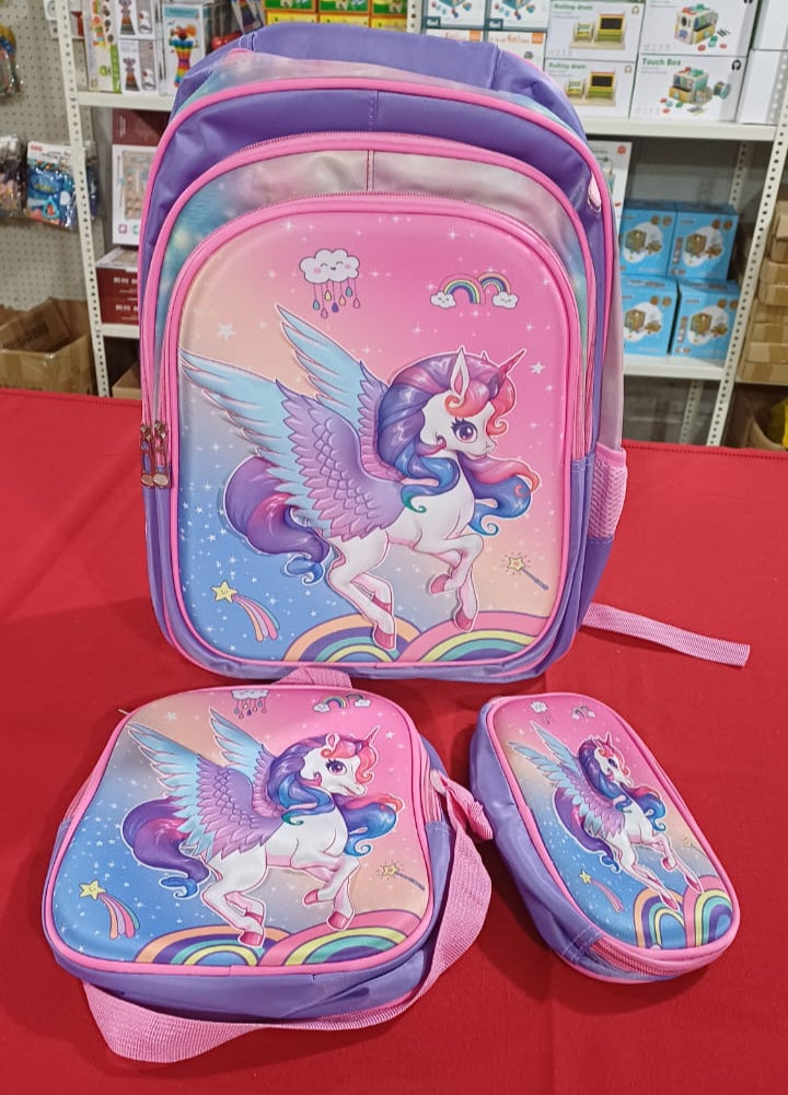 SB005 - 3 pcs 3D set unicorn design: 42 cm school bag + lunch bag + pencil case