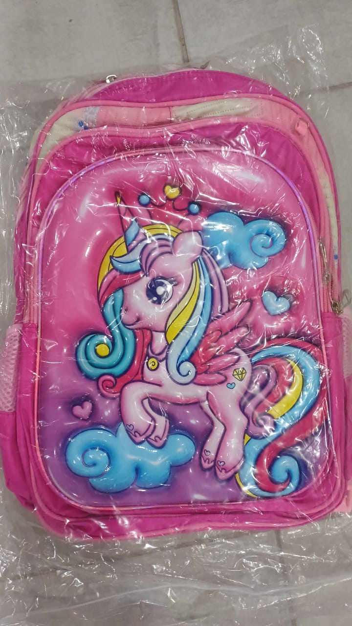 SB006 - 3 pcs 3D set with or without wheels pink unicorn design: 42 cm school bag + lunch bag + pencil case