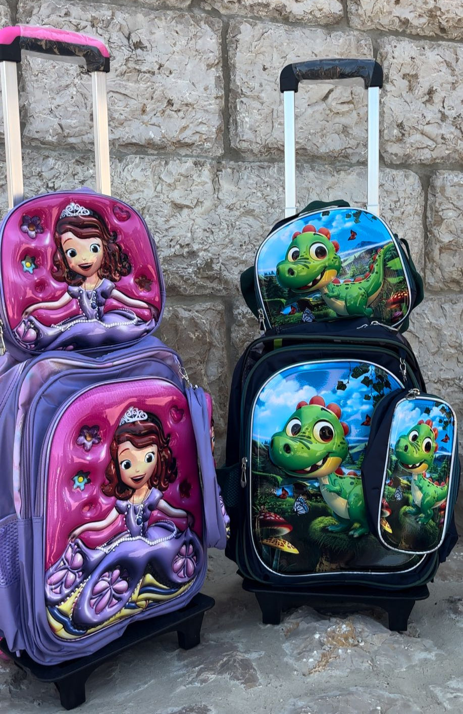 SB006 - 3 pcs 3D set with or without wheels dinosaur design: 42 cm school bag + lunch bag + pencil case