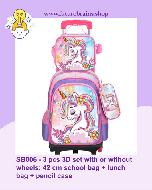 SB006 - 3 pcs 3D set with or without wheels purple unicorn design: 42 cm school bag + lunch bag + pencil case