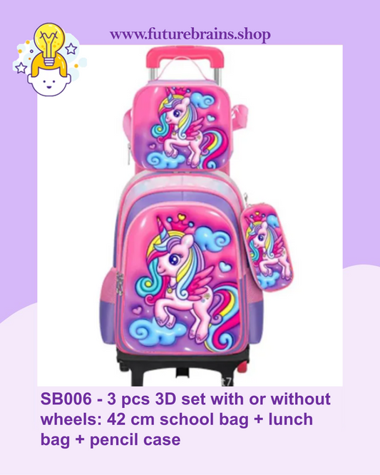 SB006 - 3 pcs 3D set with or without wheels pink unicorn design: 42 cm school bag + lunch bag + pencil case