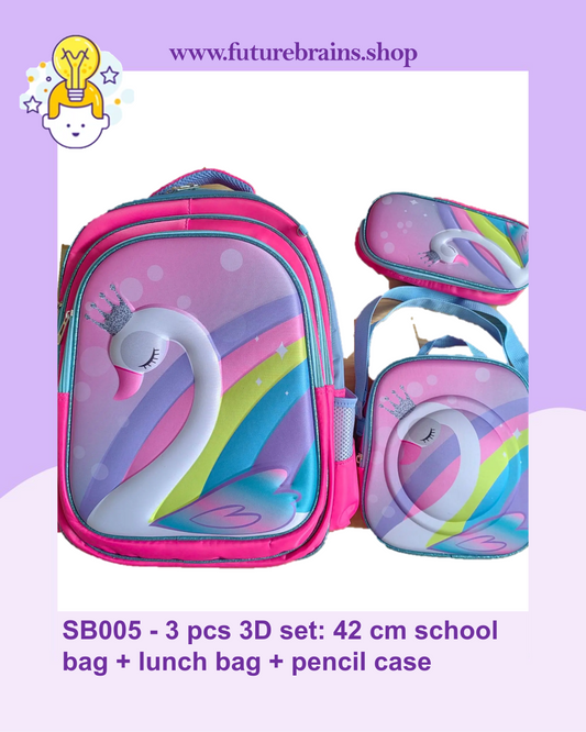 SB005 - 3 pcs 3D set swan design: 42 cm school bag + lunch bag + pencil case