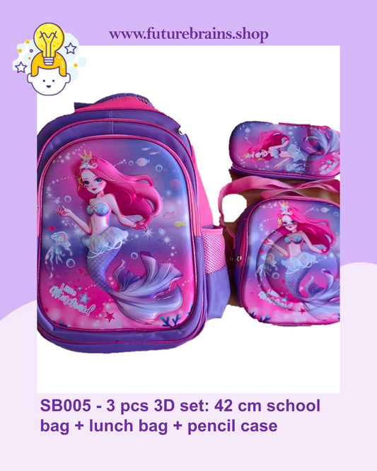 SB005 - 3 pcs 3D set mermaid design: 42 cm school bag + lunch bag + pencil case