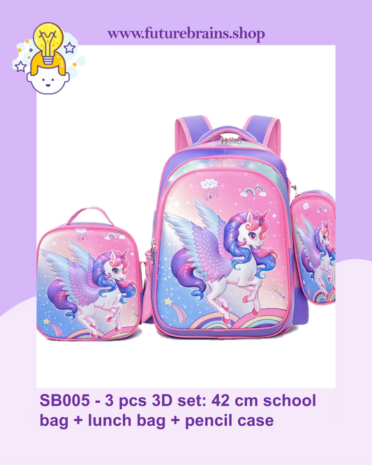 SB005 - 3 pcs 3D set unicorn design: 42 cm school bag + lunch bag + pencil case
