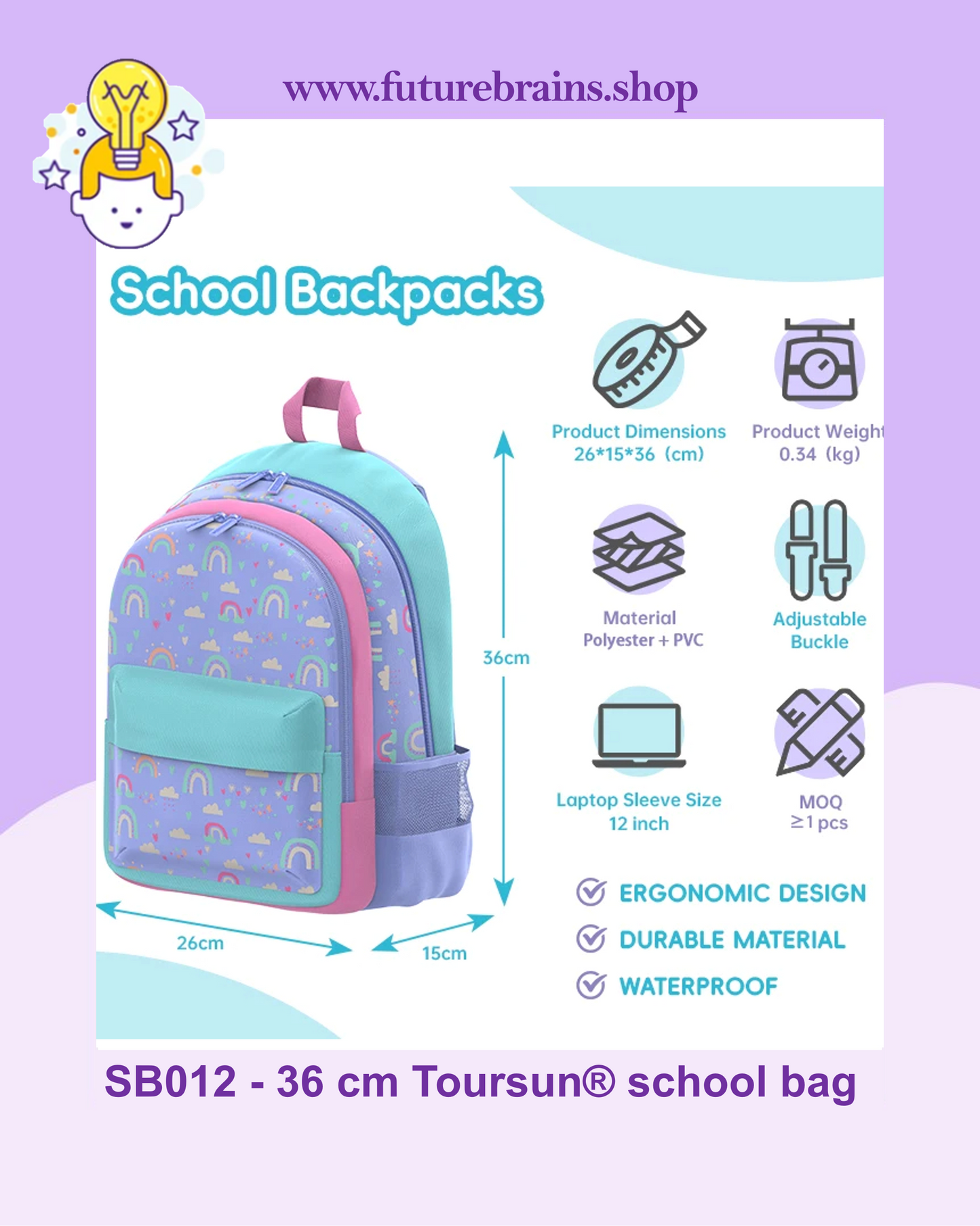 SB012 - 36 cm Toursun® school bag rainbow design