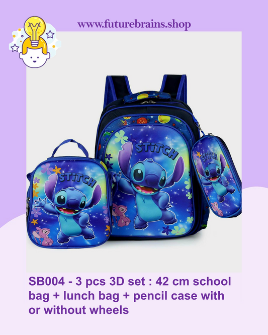 SB004 - 3 pcs 3D set Stitch design: 42 cm school bag with or without wheels + lunch bag + pencil case
