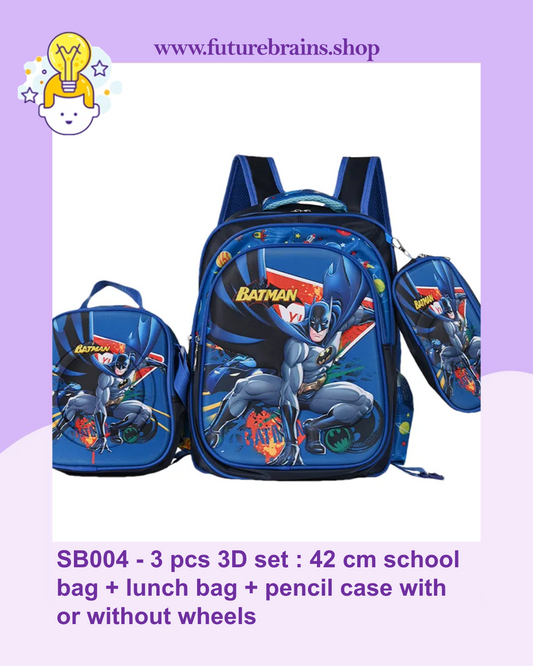 SB004 - 3 pcs 3D set batman design: 42 cm school bag with or without wheels + lunch bag + pencil case