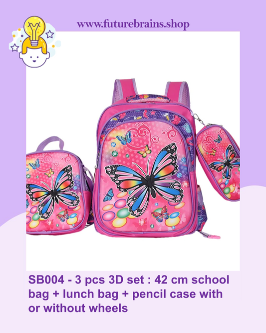 SB004 - 3 pcs 3D set butterflies design: 42 cm school bag with or without wheels + lunch bag + pencil case