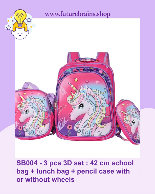 SB004 - 3 pcs 3D set unicorn design: 42 cm school bag with or without wheels + lunch bag + pencil case