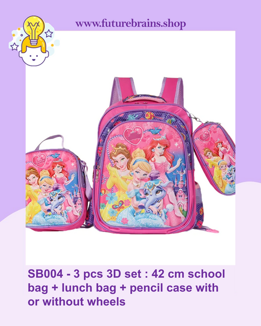 SB004 - 3 pcs 3D set princesses design: 42 cm school bag with or without wheels + lunch bag + pencil case