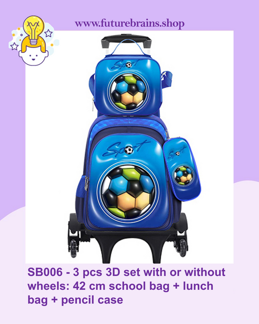 SB006 - 3 pcs 3D set with or without wheels football design: 42 cm school bag + lunch bag + pencil case