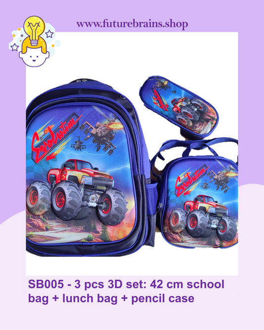 SB005 - 3 pcs 3D set monster truck design: 42 cm school bag + lunch bag + pencil case