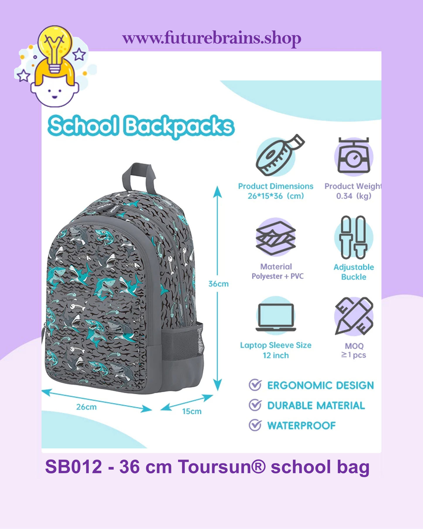 SB012 - 36 cm Toursun® school bag shark design