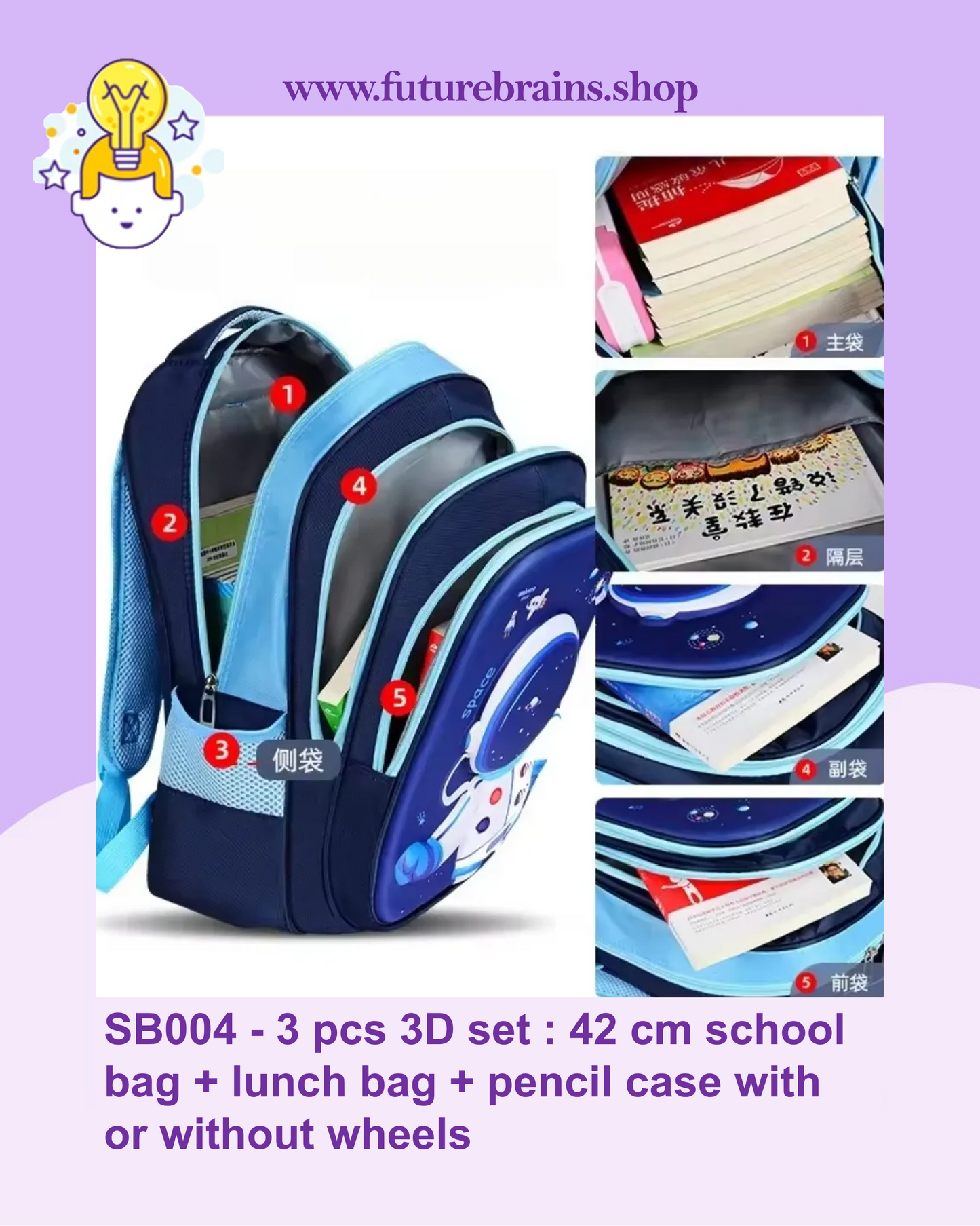 SB005 - 3 pcs 3D set rocket design: 42 cm school bag + lunch bag + pencil case