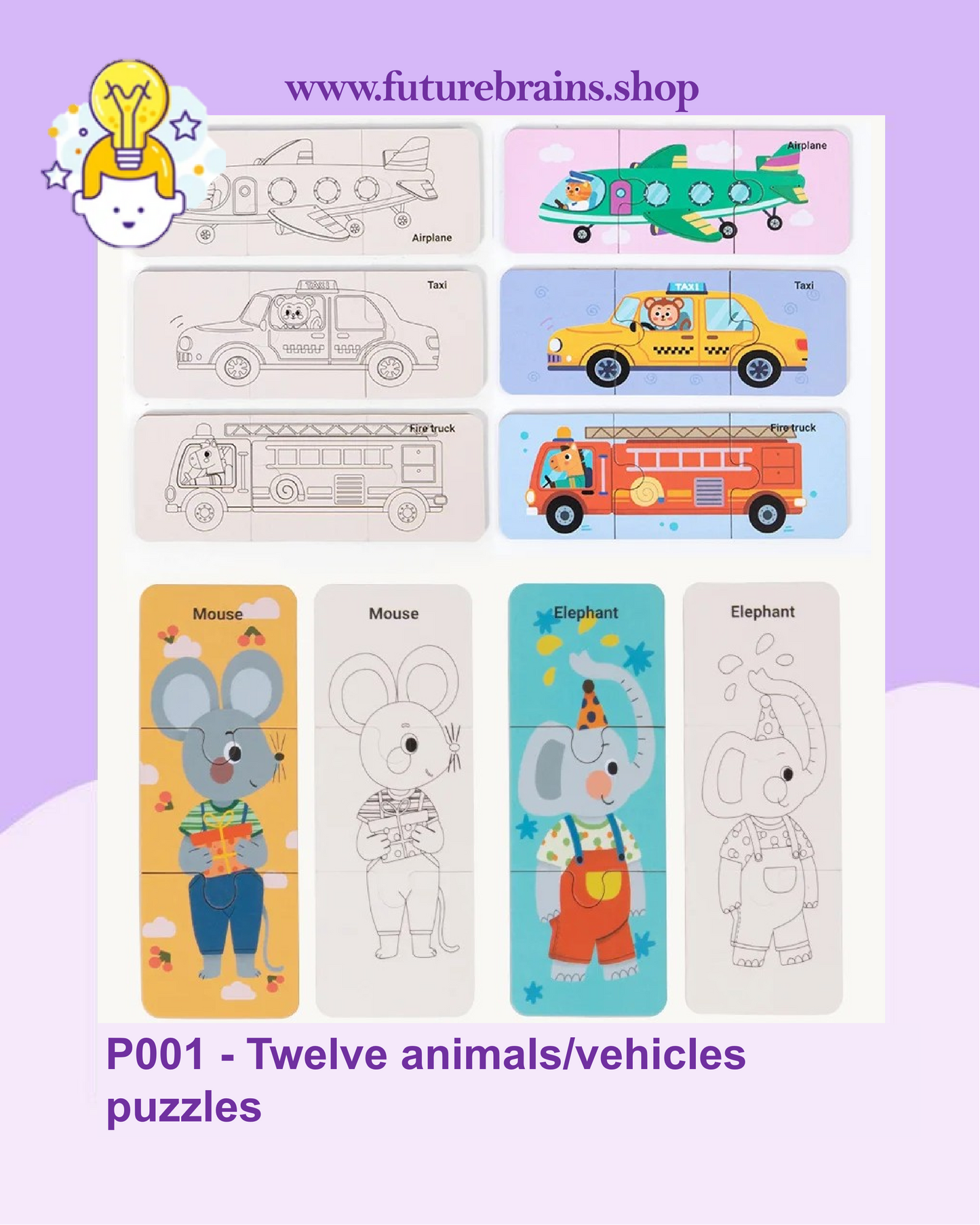 P001 - Twelve animals/vehicles puzzles