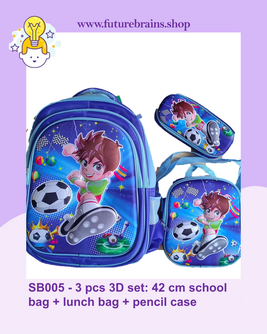 SB005 - 3 pcs 3D set football player design: 42 cm school bag + lunch bag + pencil case