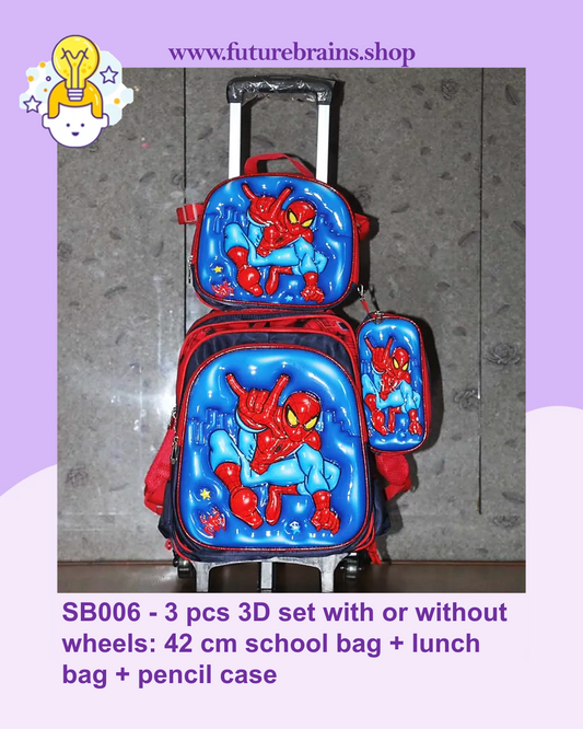 SB006 - 3 pcs 3D set with or without wheels spiderman design: 42 cm school bag + lunch bag + pencil case