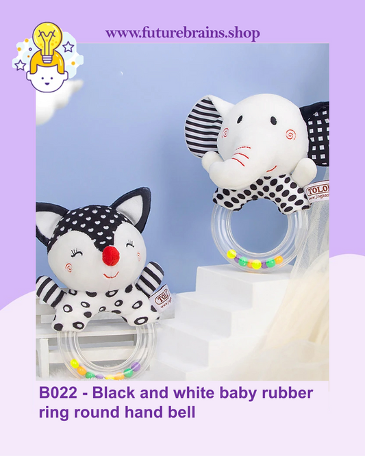 B022 - Black and white baby rubber ring round hand bell