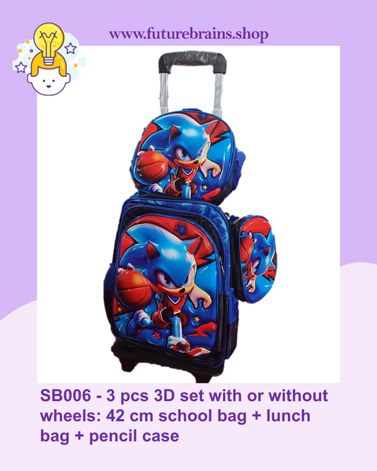 SB006 - 3 pcs 3D set with or without wheels sonic design: 42 cm school bag + lunch bag + pencil case