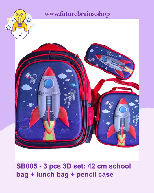 SB005 - 3 pcs 3D set rocket design: 42 cm school bag + lunch bag + pencil case